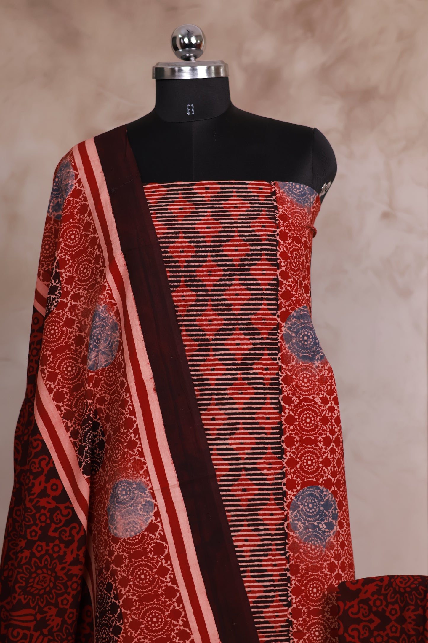 Maroon Ajrakh Handblock Printed Pure Cotton 3 piece suit set | Looms & Tassels