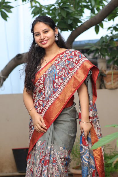 Grey & Red Madhubani Kalamkari Silk Handcrafted Nizam Border Saree