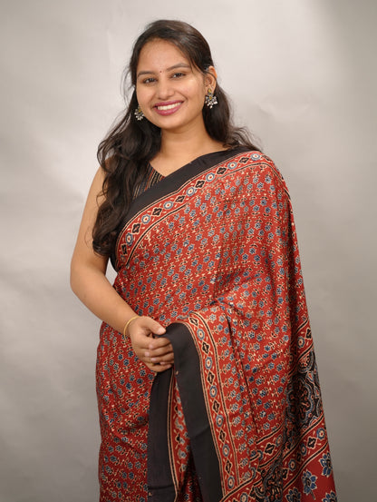 Maroon Small Print Authentic Ajrakh Handblock Printed Modal Silk Saree | Looms & Tassels
