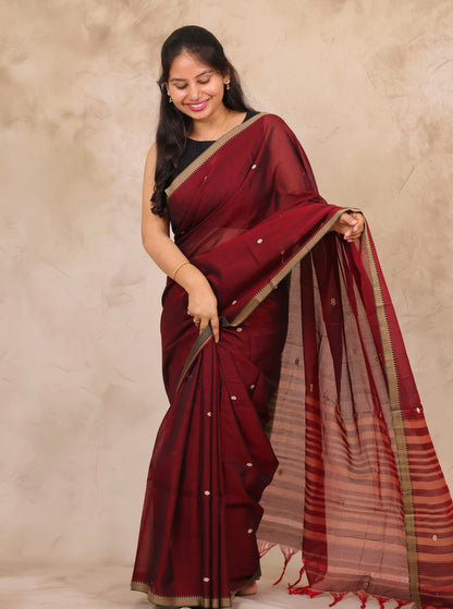 Maroon Narayanpet Cotton Saree With Butta Weaving | Looms & Tassels