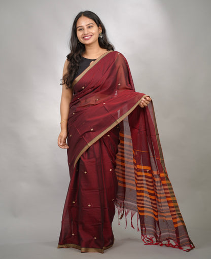 Maroon Narayanpet Cotton Saree With Butta Weaving | Looms & Tassels