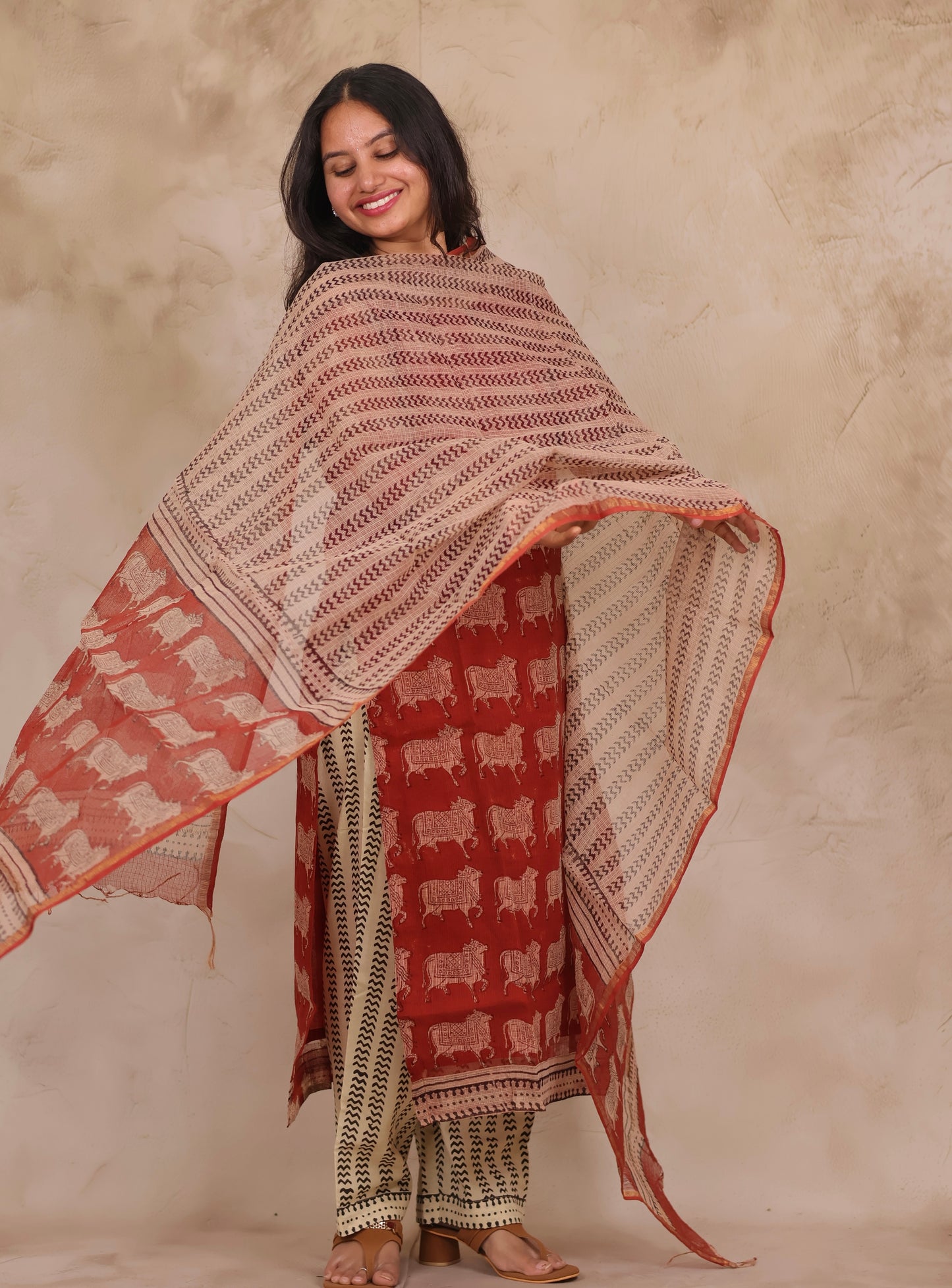 Maroon Pichwai Handblock printed kota 3 piece suit (stitched)