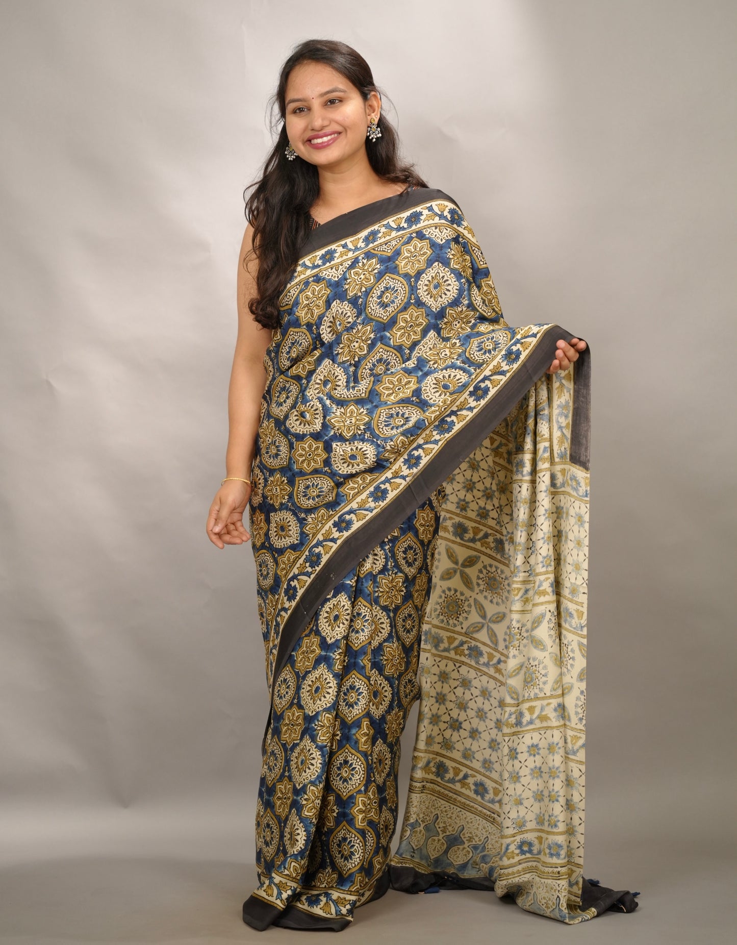 Cream & Blue Badam Butta Authentic Ajrakh Handblock Printed Modal Silk Saree | Looms & Tassels