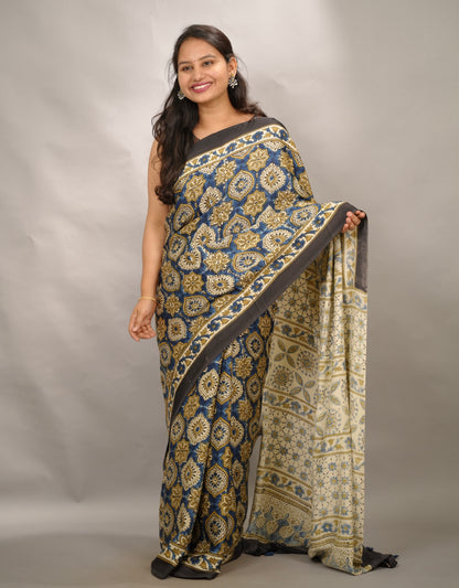 Cream & Blue Badam Butta Authentic Ajrakh Handblock Printed Modal Silk Saree | Looms & Tassels