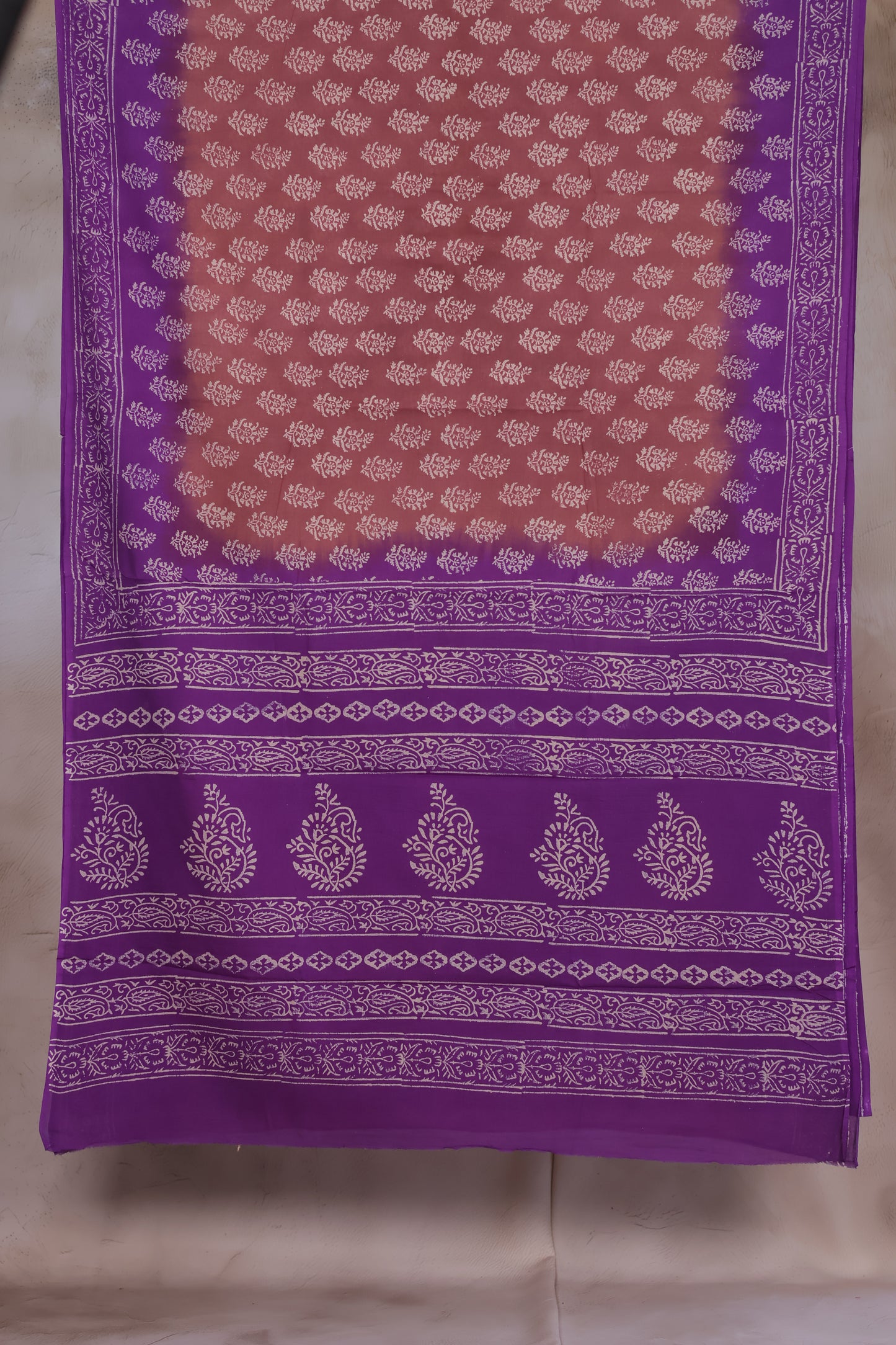 Dusty Rose And  purple Handblock printed MulMul cotton saree