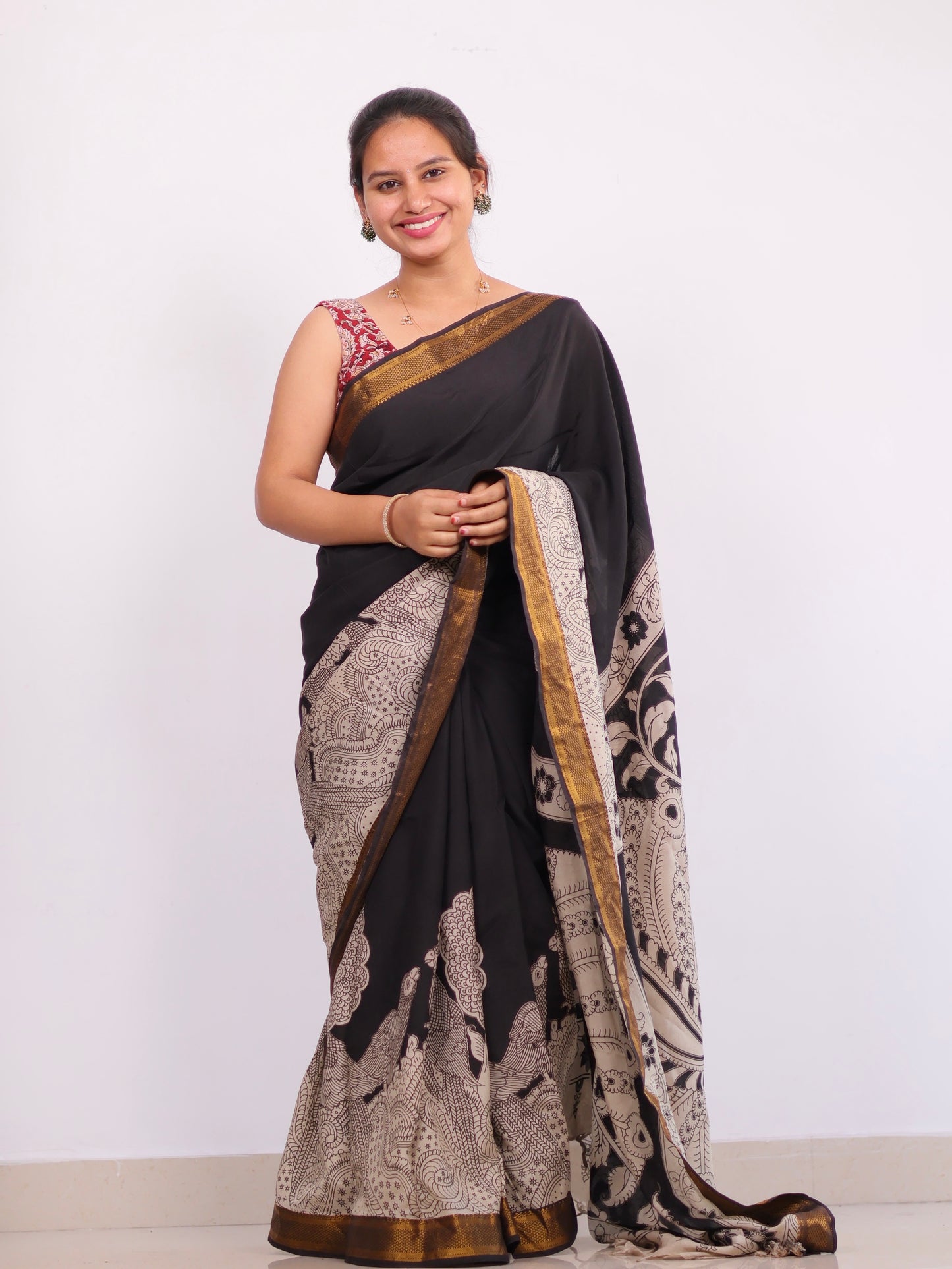 Black Nizam Border Kalamkari Silk Saree