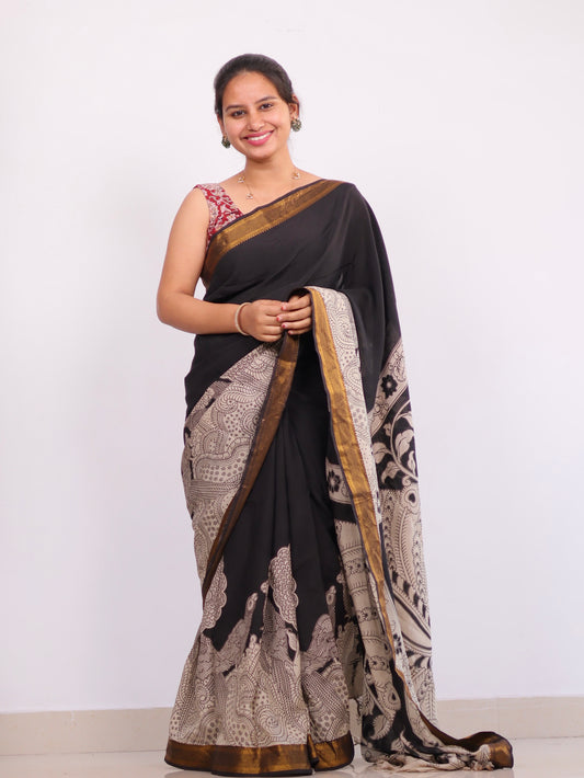 Black Nizam Border Kalamkari Silk Saree