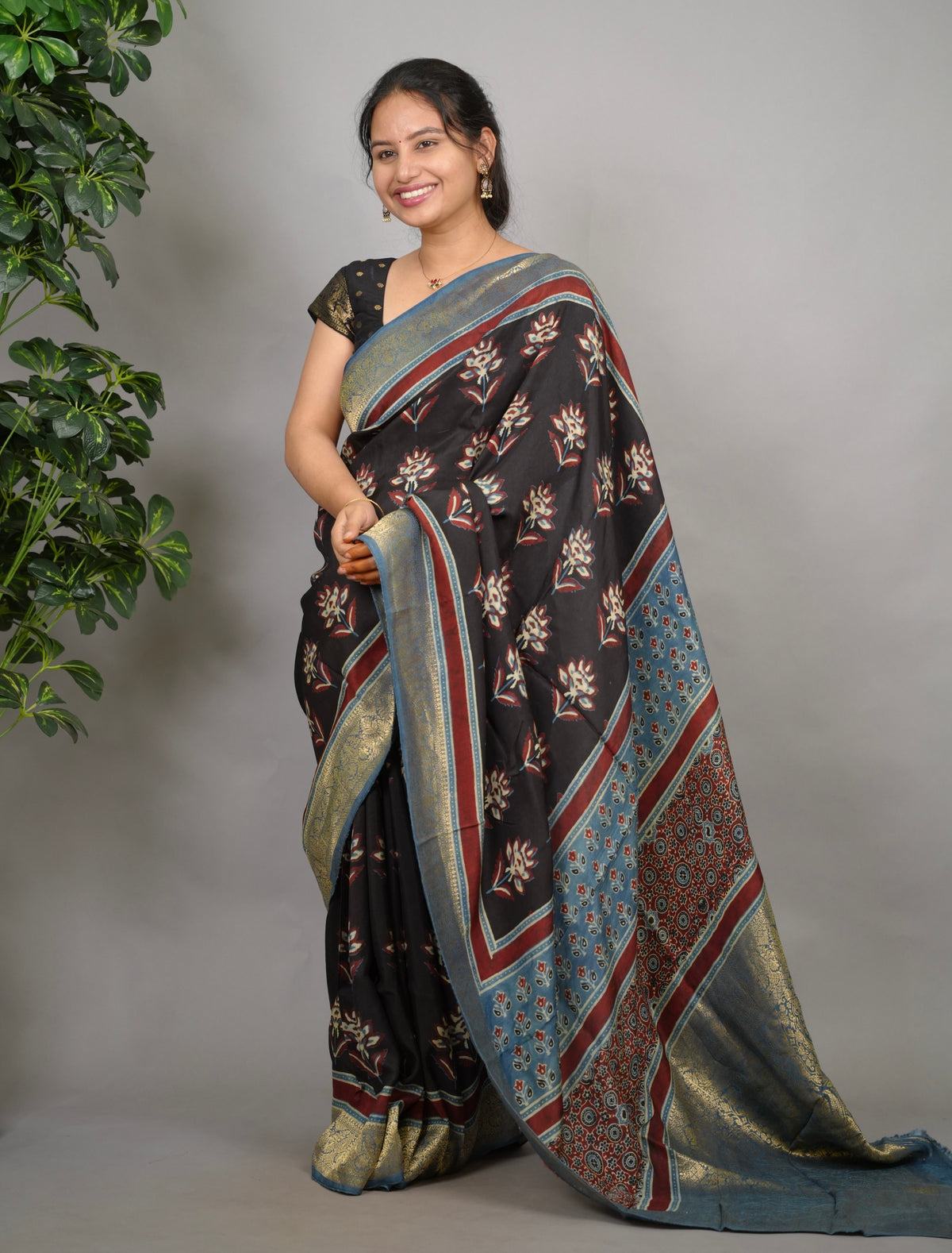 Ajrakh Dola Silk Saree - Black | Looms & Tassels