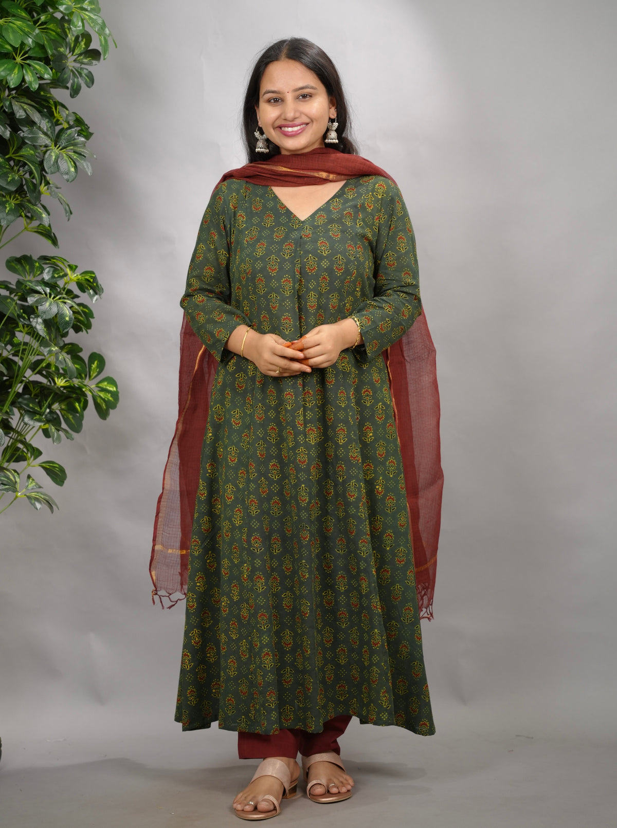 Green Ajrakh Cotton Kali Kurta | Looms & Tassels