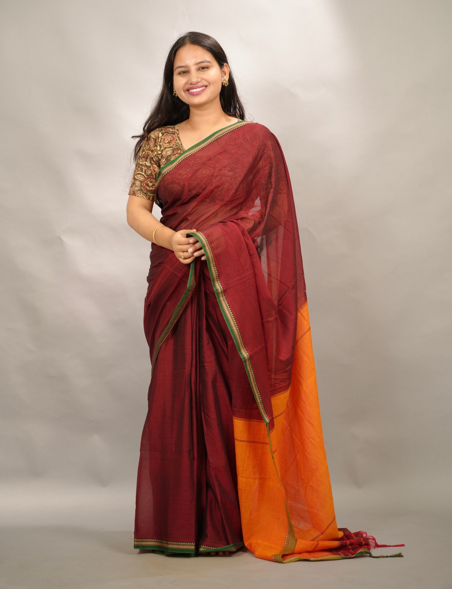 Deep Maroon Narayanpet Cotton Saree | Looms & Tassels