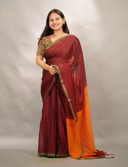 Deep Maroon Narayanpet Cotton Saree | Looms & Tassels