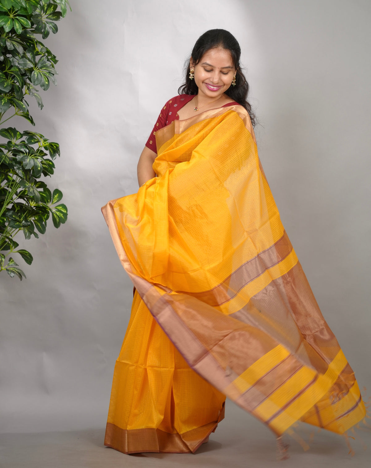 Yellow Checks Handloom Maheswari Silk Cotton Sarees | Looms & Tassels