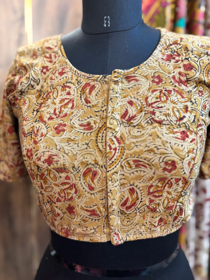 Round neck Stretchable Hand block printed kalamkari blouse with front hooks