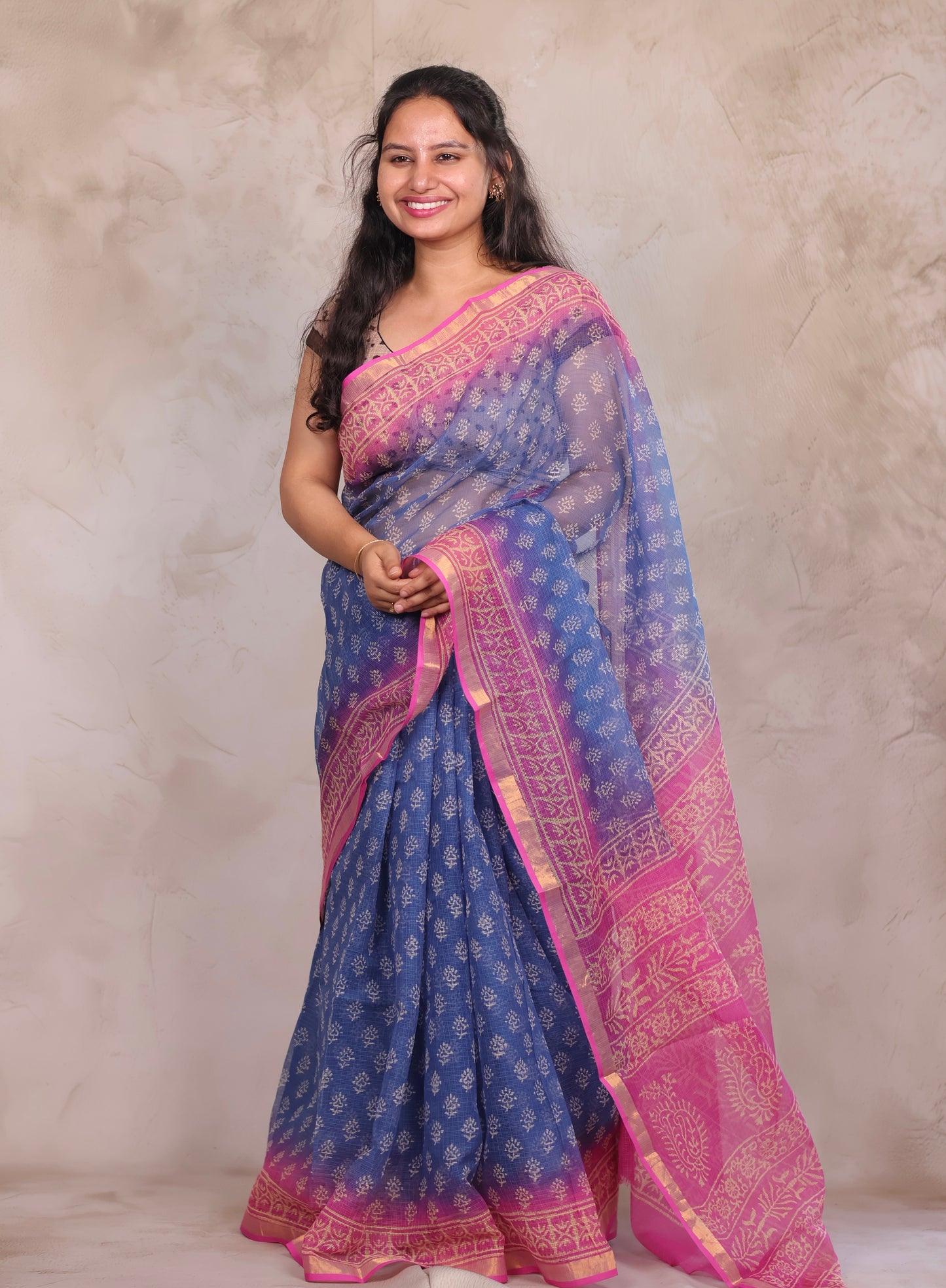 Blue And Rani pink Dual Shade Pure Kota Doria Saree with Bagru Handblock Prints | Looms & Tassels