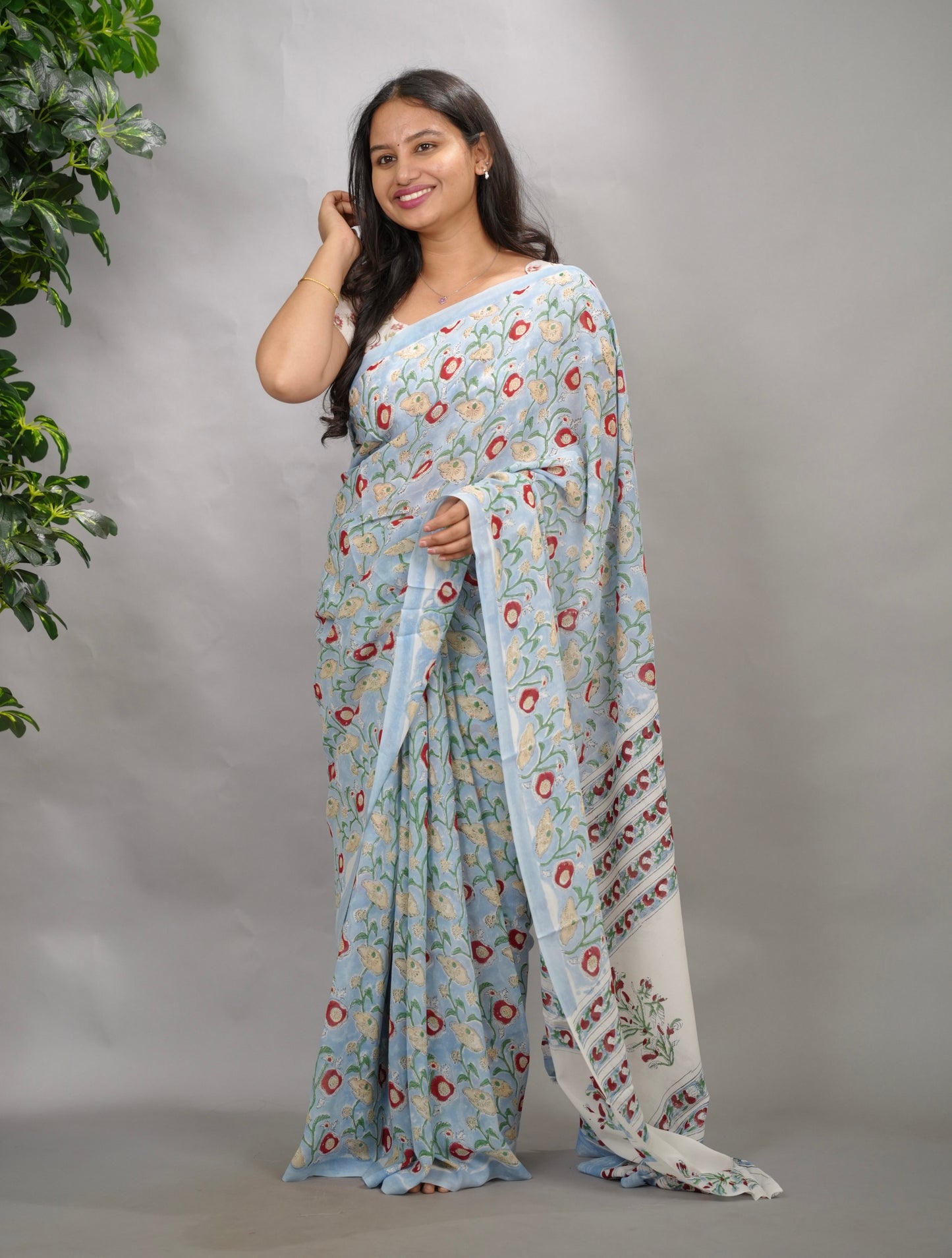 Powder Blue Georgette Hand Block Printed Saree| Looms & Tassels
