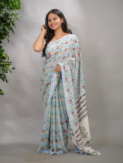Powder Blue Georgette Hand Block Printed Saree| Looms & Tassels