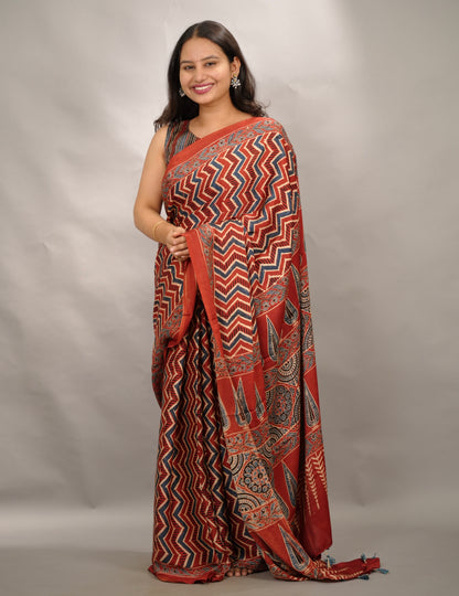 Maroon Authentic Ajrakh Handblock Printed Modal Silk Saree | Looms & Tassels