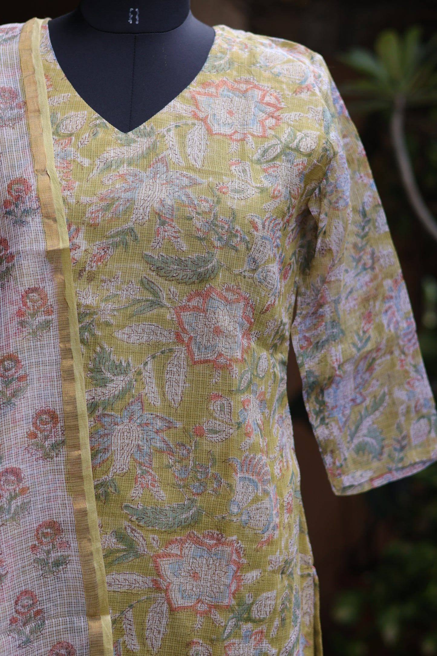 Parrot Green Handblock printed kota 3 piece suit (stitched)