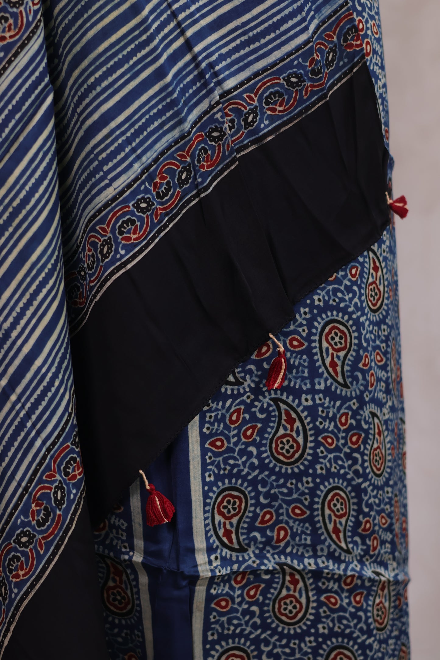 Indigo Contemporary Ajrakh Handblock Printed Modal Silk 2 Piece Suit Set | Looms & Tassels