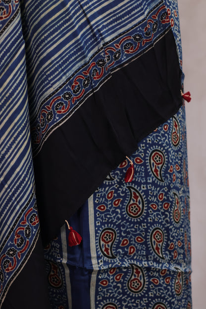 Indigo Contemporary Ajrakh Handblock Printed Modal Silk 2 Piece Suit Set | Looms & Tassels