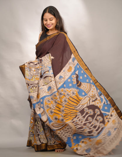 Brown Story Telling Kalamkari Nizam Border Chennur Silk Saree | Looms & Tassels