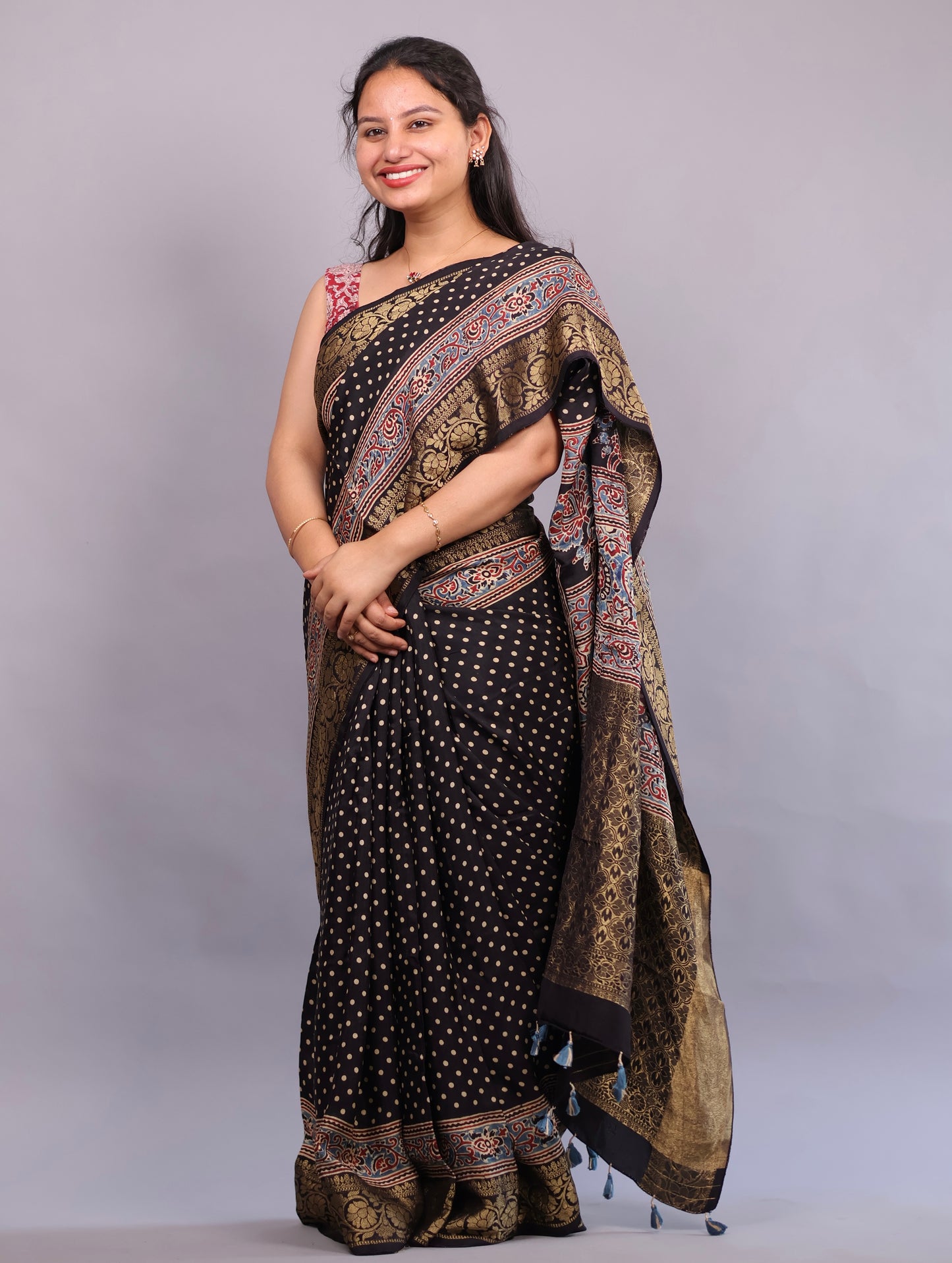 Black Polka Dots Ajrakh Handblock printed Dola Silk Saree | Looms & Tassels
