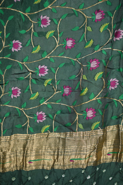 Bottle Green Handcrafted Bandhani Paithani Dola Silk Saree | Looms & Tassels