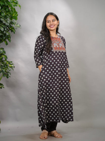 Black Ajrakh Pattern Hand Block printed Aline Kurti | Looms & Tassels