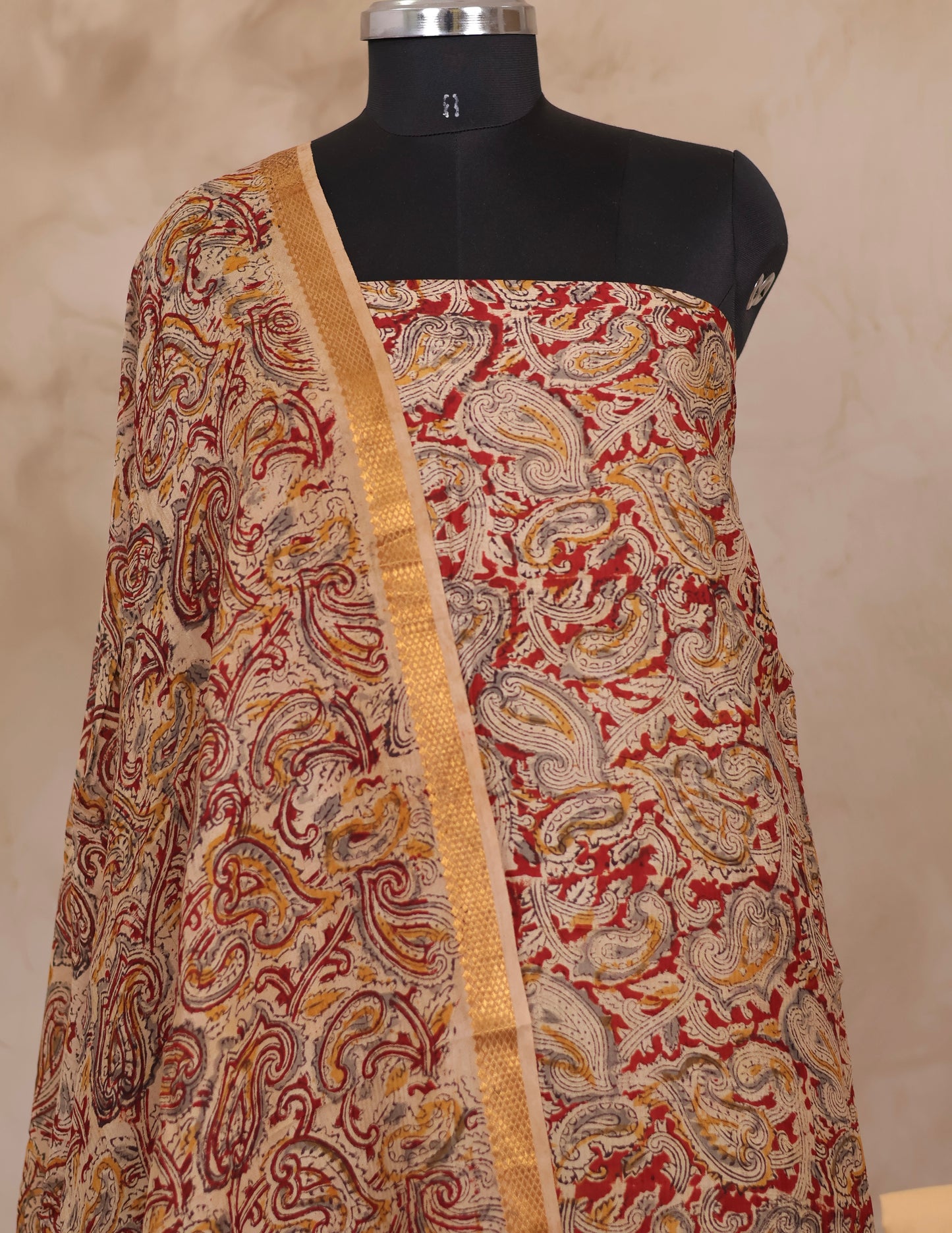 Hand Block Printed Kalamkari Unstitched 3pc Suit Set