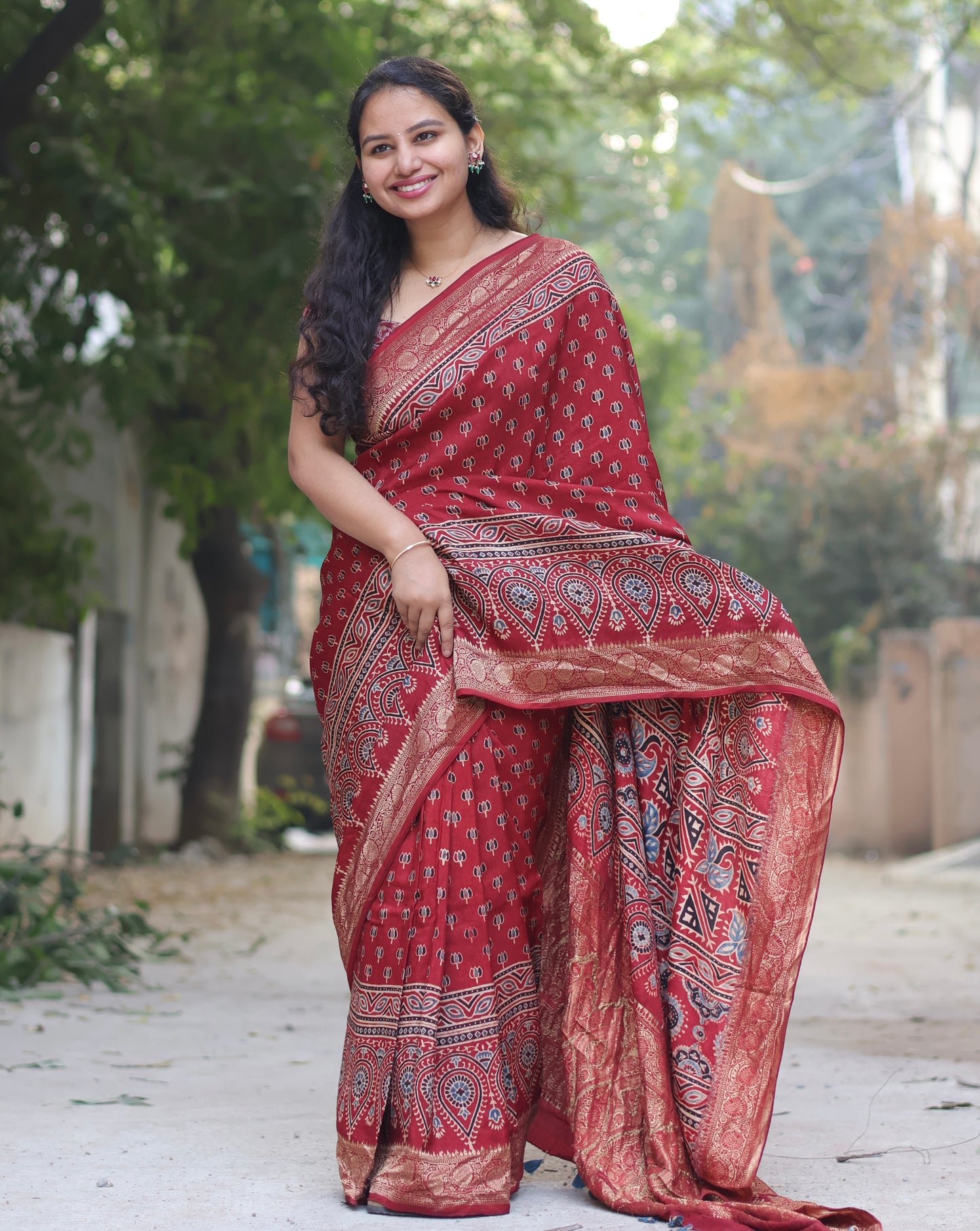 Lotus Ajrakh Handblock Printed Dola Silk Saree