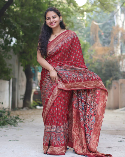 Lotus Ajrakh Handblock Printed Dola Silk Saree