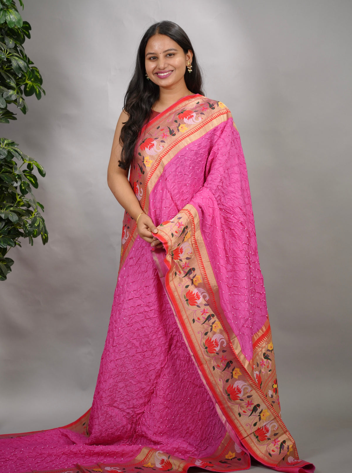 Pink Handcrafted Bandhani Paithani Dola Silk Saree | Looms & Tassels