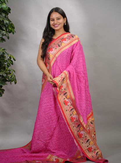 Pink Handcrafted Bandhani Paithani Dola Silk Saree | Looms & Tassels