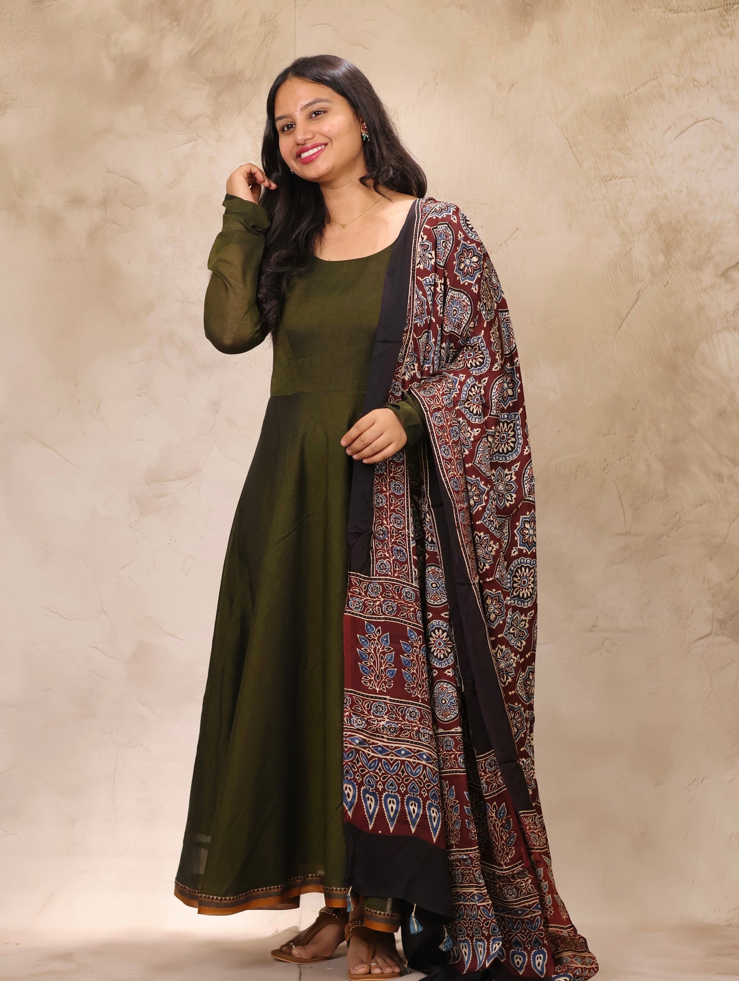 Mehandi Green Narayanpet Cotton Anarkali Dress with Ajrakh Modal Silk Dupatta | Looms & Tassels