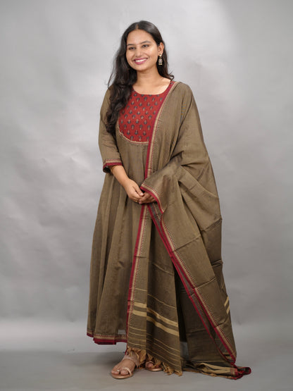 Grey Ajrakh Patch Work Narayanpet Cotton Anarkali Dress with Narayanpet Dupatta | Looms & Tassels