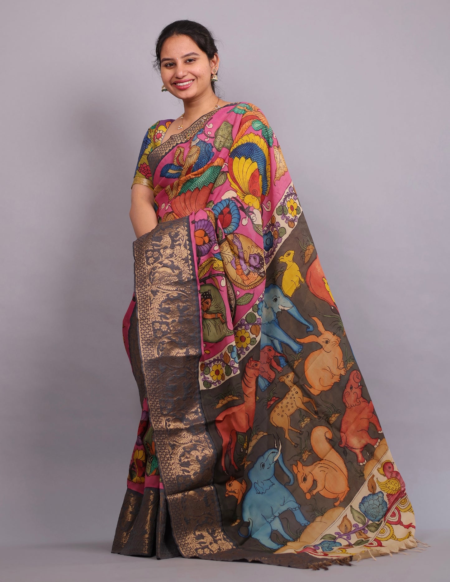 Pink Hand Drawn Pen Kalamkari Uppada Silk Kuppadam Border Saree | Looms & Tassels