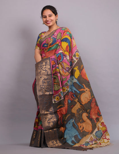 Pink Hand Drawn Pen Kalamkari Uppada Silk Kuppadam Border Saree | Looms & Tassels