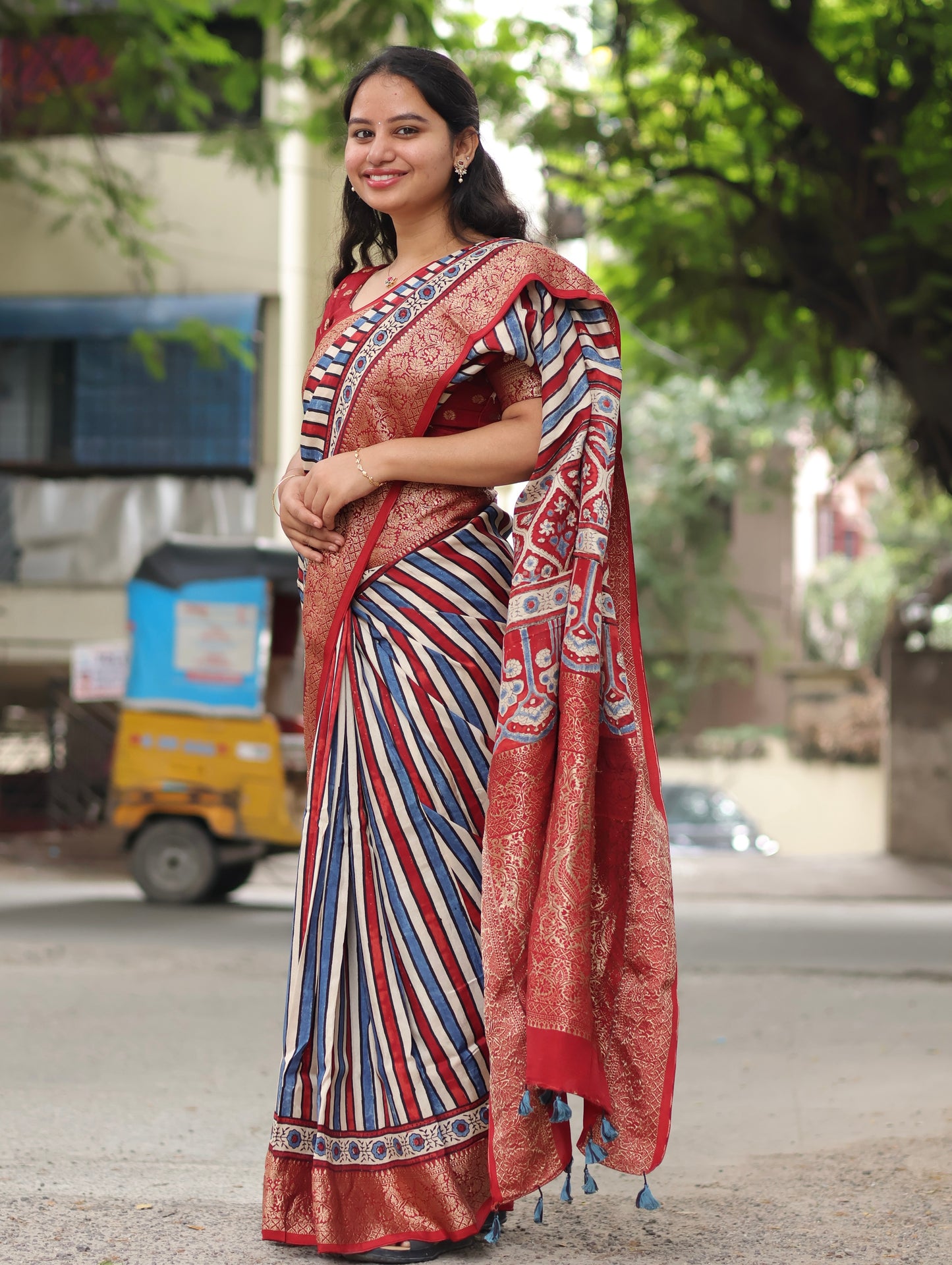 Stripes Ajrakh Dola Silk Saree