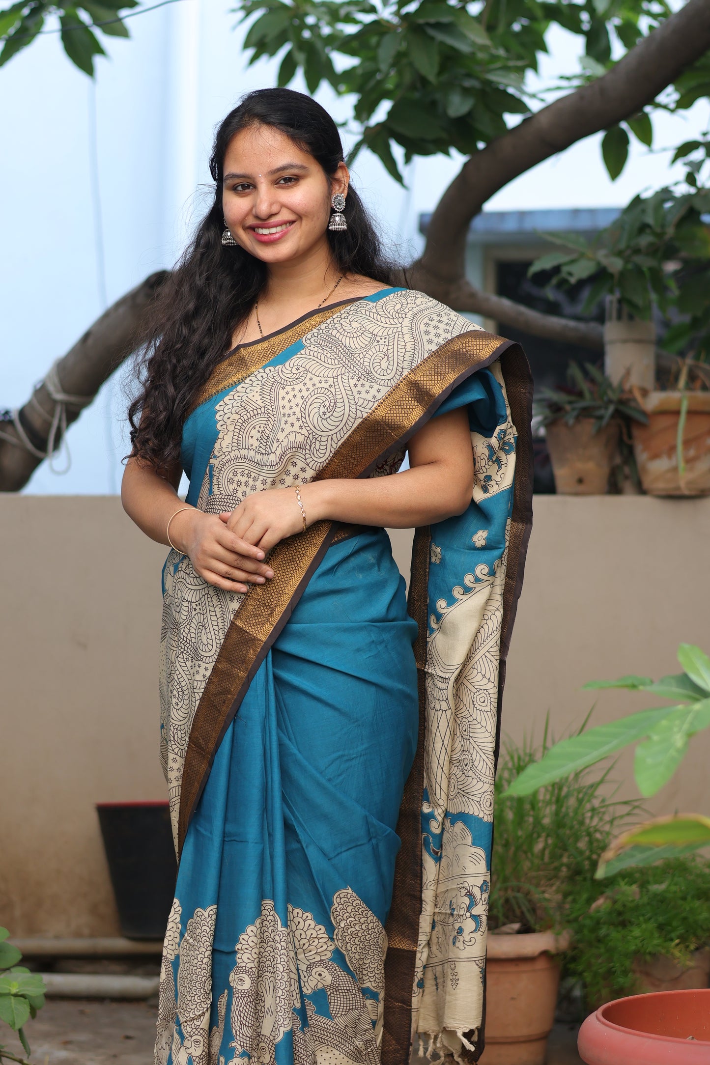 Teal Blue & Cream Traditional Folks Kalamkari Silk Handcrafted Nizam Border Saree