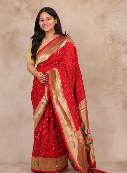 Red Handcrafted Bandhani Paithani Dola Silk Saree | Looms & Tassels