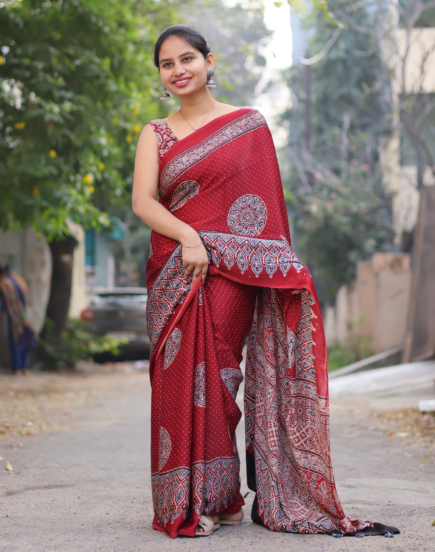 Red Ajrakh Modal Silk Saree