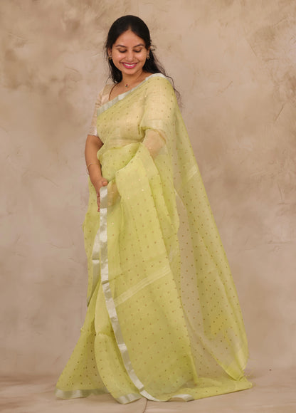 Pastel Yellow Handwoven Muslin Silk Saree With Sequence Work | Looms & Tassels