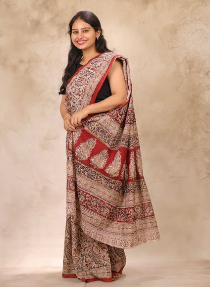 Cream Hand Block Printed Kalamkari Cotton Saree | Looms & Tassels