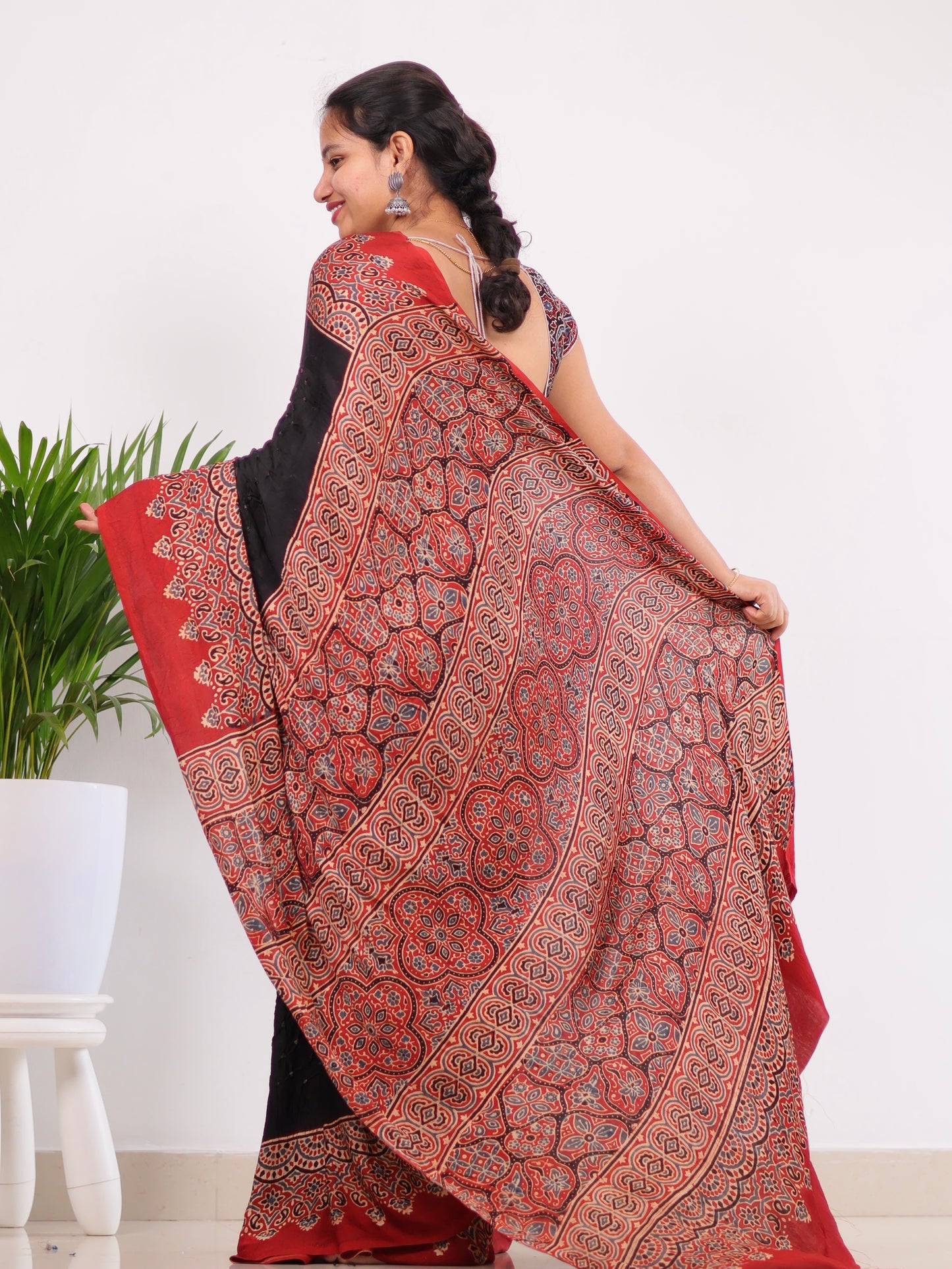 Black Ajrakh Bandhej Modal Silk Saree