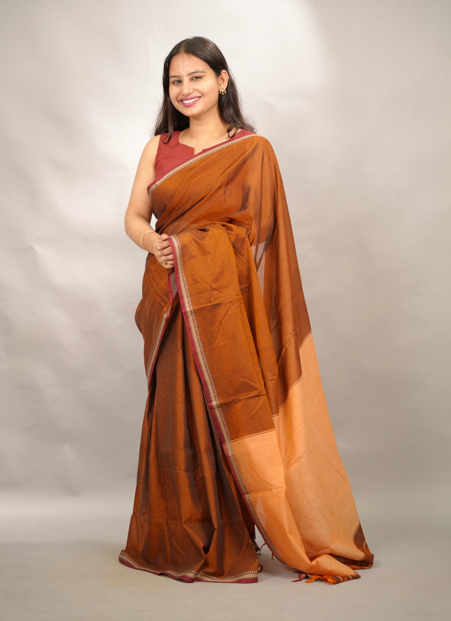 Rust Orange Narayanpet Cotton Saree | Looms & Tassels