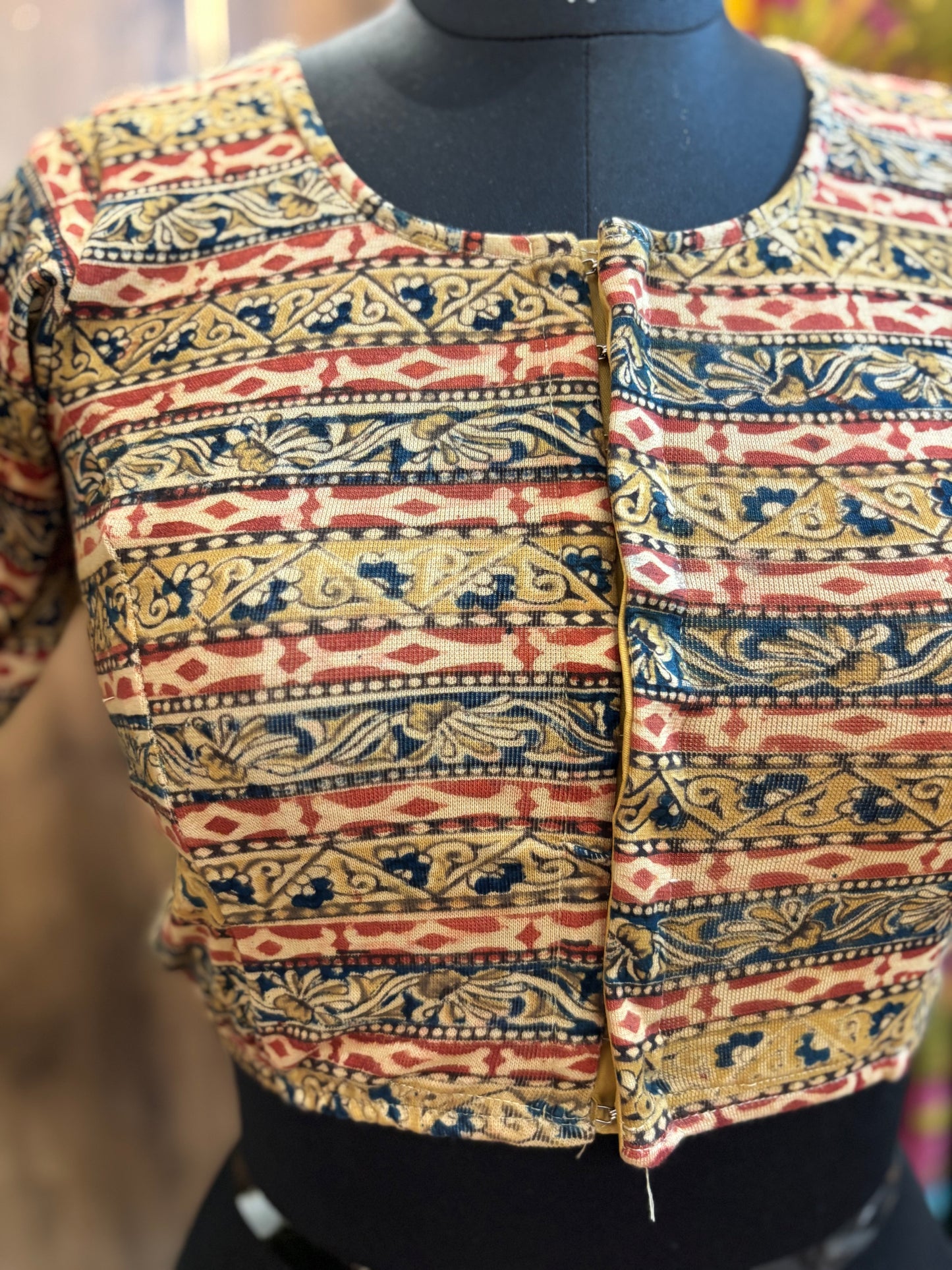 Green Round neck Stretchable Hand block printed kalamkari blouse with front hooks