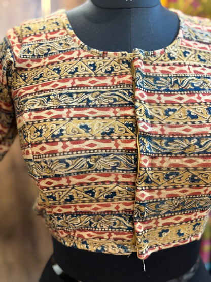 Green Round neck Stretchable Hand block printed kalamkari blouse with front hooks
