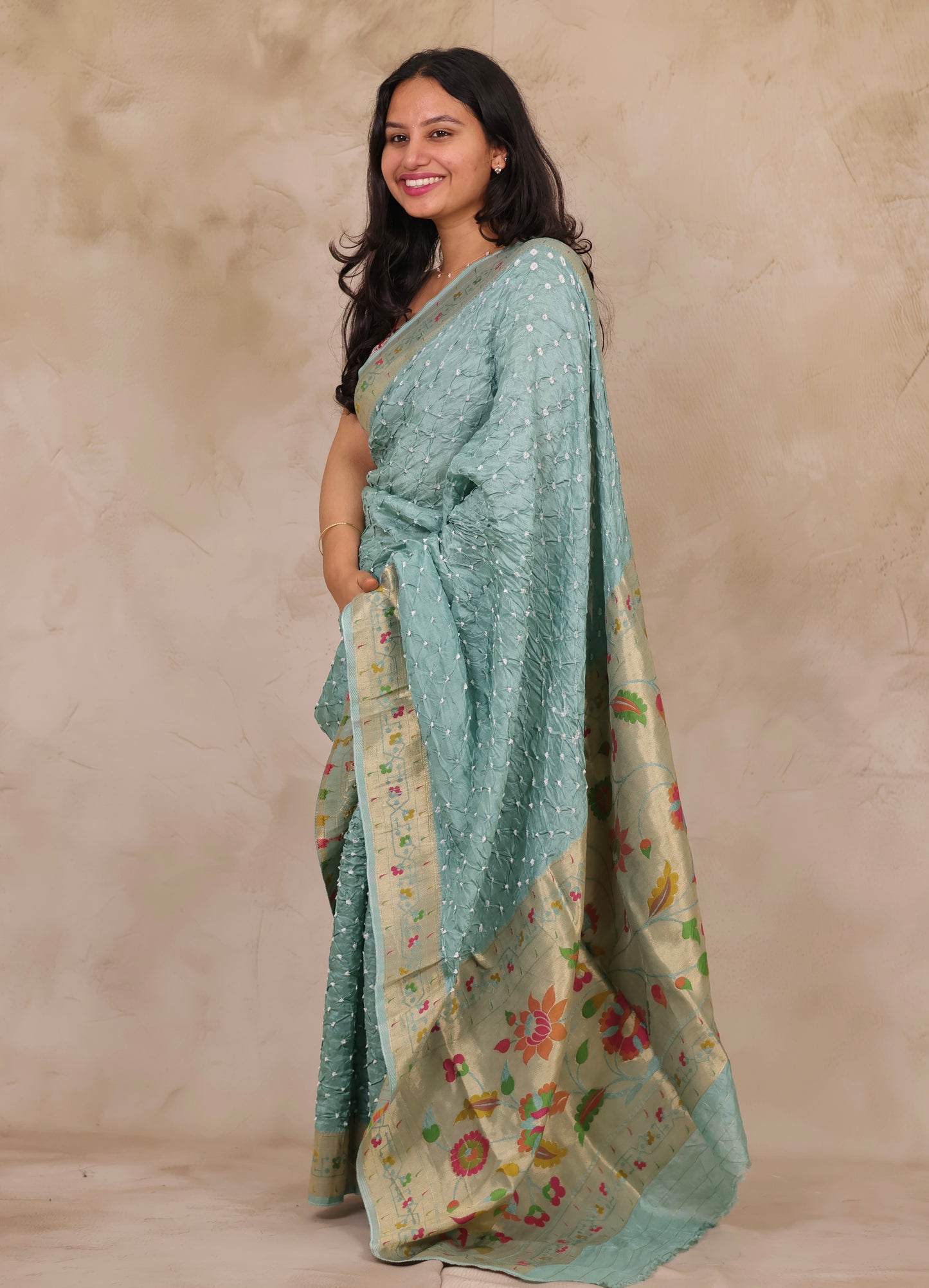 Sea Green Handcrafted Bandhani Paithani Dola Silk Saree | Looms & Tassels