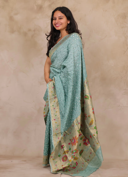 Sea Green Handcrafted Bandhani Paithani Dola Silk Saree | Looms & Tassels