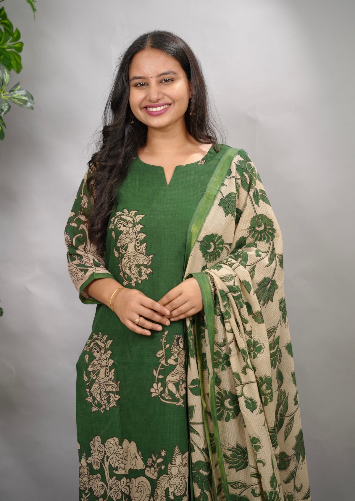 Green Kalamkari Kota Cotton 3 piece suit (stitched) | Looms & Tassels
